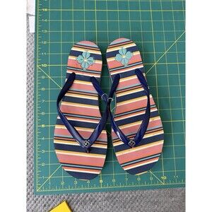 Kate Spade Women’s Size 10 Striped Flip Flops Navy Multicolor Floral Charm